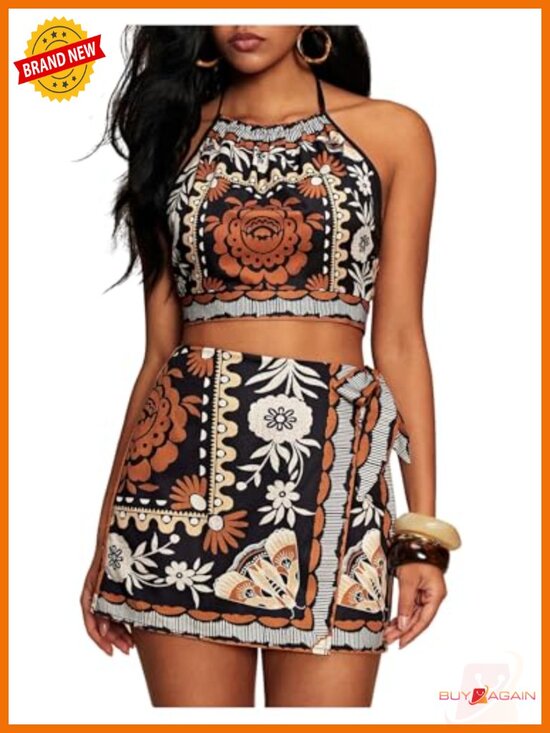 Other - 2 Piece Vacation Outfits Boho Tie Back Halter Crop Top and Wrap Shorts Set